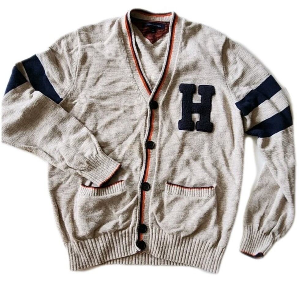 Mens Vintage Tommy Hilfiger Sweater Knitted Cardigan Medium Rare Varsity Style